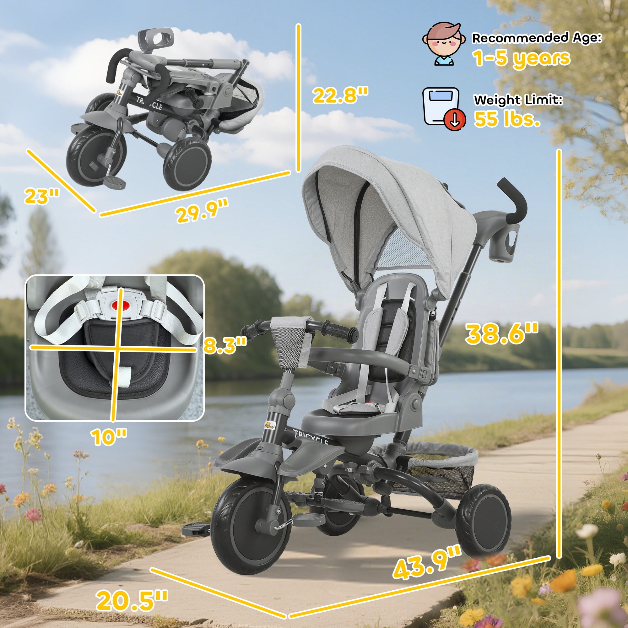 Qaba 6 in 1 Kids Tricycle with Adjustable Push Handle, Foldable Bike Stroller with Removable Canopy, Reversible Seat, for 1-5 Years, Gray