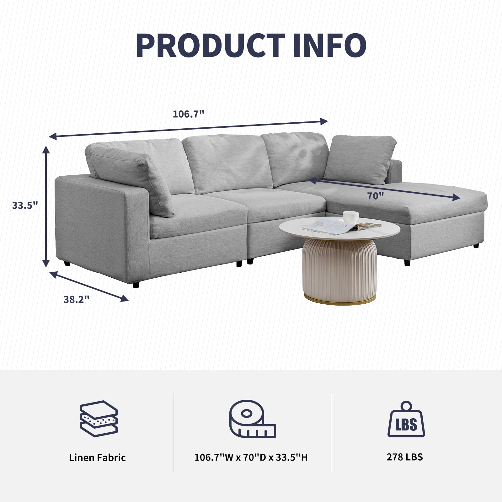 MUZZ Convertible Sectional Sofa Couch,L Shaped Couch,Reversible 4-Seater Sectional Couch Sofa with Pillows and Chaise Lounge for Living Room/Apartment(Light Grey)