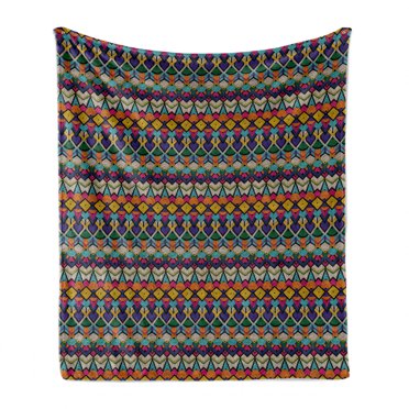 Geometric Soft Flannel Fleece Blanket, Retro Eighties Design Vibrant Color Scheme Geometrical Lines Half Circles Vintage, Cozy Plush for Indoor and Outdoor Use, 50" x 60", Multicolor, by Ambesonne
