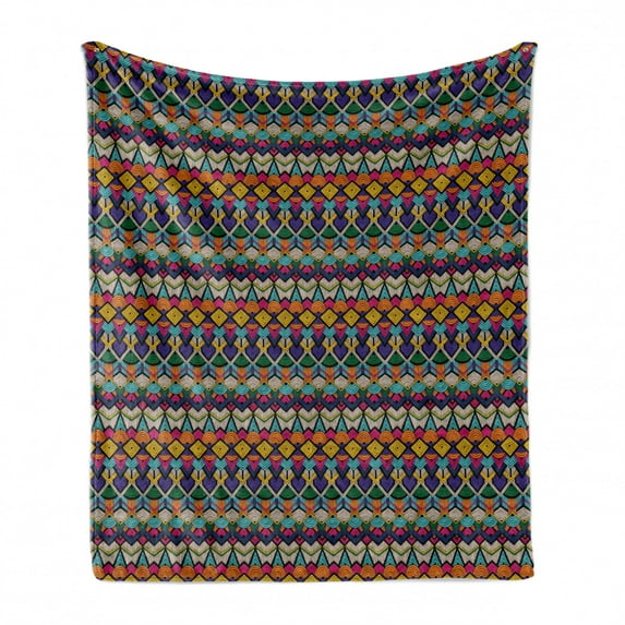Geometric Soft Flannel Fleece Blanket, Retro Eighties Design Vibrant Color Scheme Geometrical Lines Half Circles Vintage, Cozy Plush for Indoor and Outdoor Use, 70" x 90", Multicolor, by Ambesonne