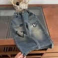 thumbnail image 2 of oqasdz Girls Jeans Casual Heart Embroidery Flared Leg Toddler Kids Comfortable Stretchy Spring Summer Denim Pants Size 3 Y-4 Y, 2 of 7