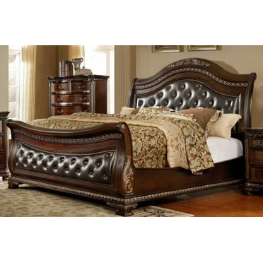 Leather Headboard Sleigh Queen Size Bed Traditional McFerran B9588 Cherry