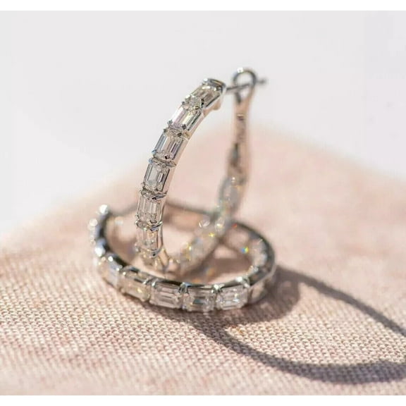 2CT Emerald Cut Lab Created Diamond Single Row Inside Out Huggie Hoop Earrings 14K White Gold Plated 925 Silver