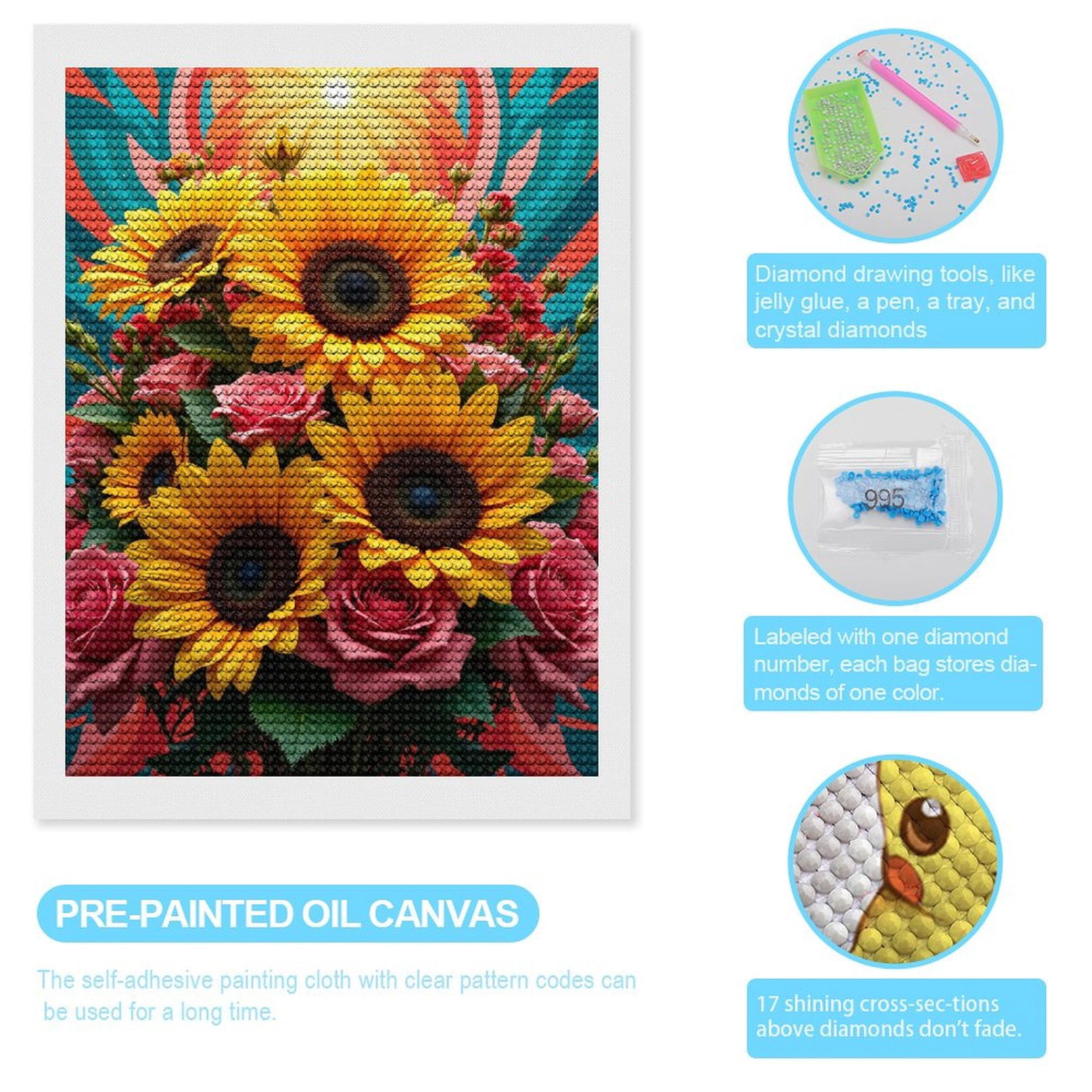 Diamond Art Kits for Adults, Sunflowers Roses Bouquet Art Deco 5D Diamond Painting Kits for Adults Beginners, DIY Full Drill Diamond Painting, Gem Art and Crafts 12x16