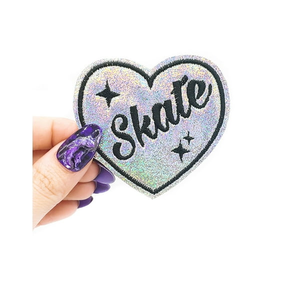 Skate Heart Holographic Glitter Vinyl Iron On Embroidered Patch