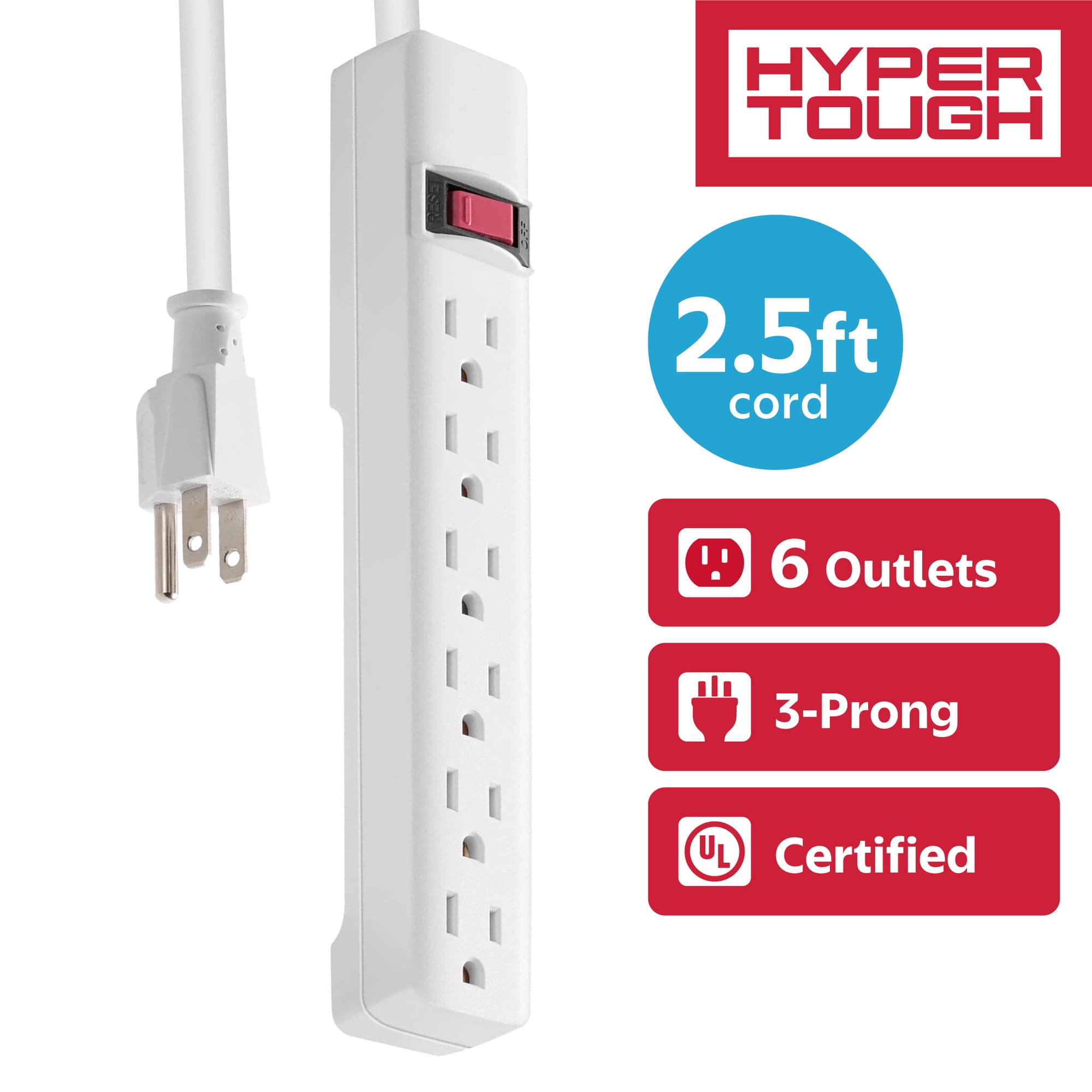 Hyper Tough 6-Outlet Indoor Power Strip with 2.5 ft Extension Cord, ETL Certified, White