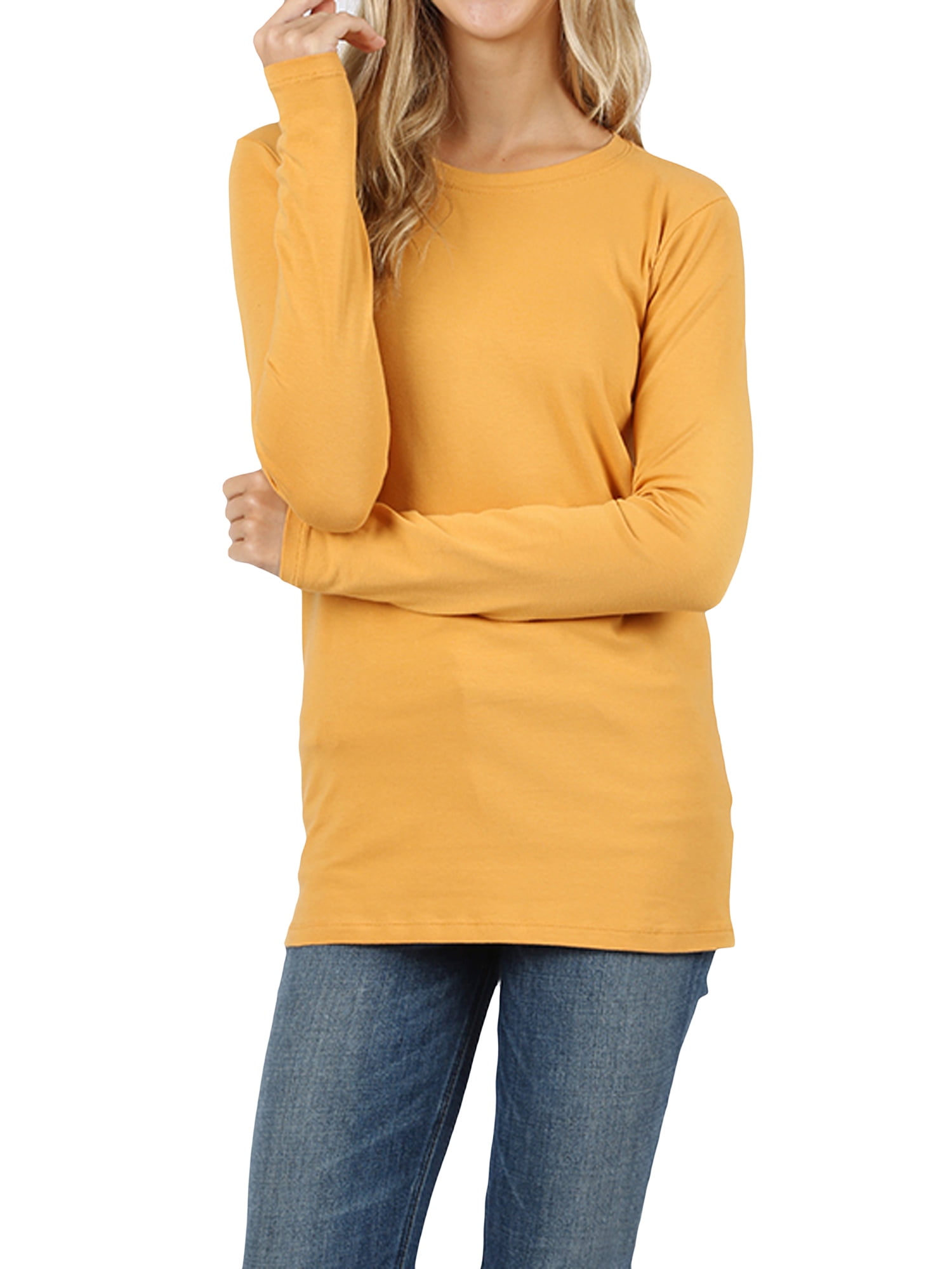 Women Basic Round Crew Neck Long Sleeve Stretch Cotton Spandex TShirts