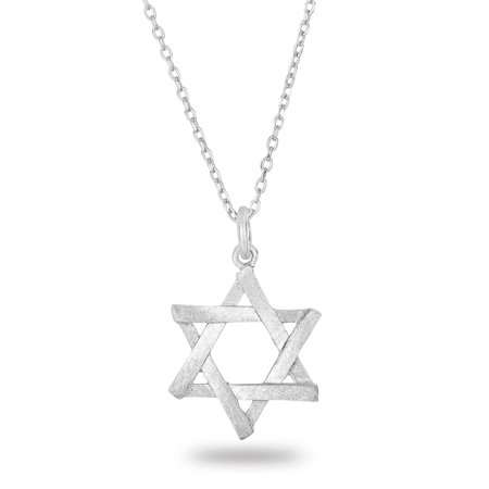 Rhodium Plated Silver Matte Finish Brush Textured 6 Point Jewish Star David Pendant Necklace, 18"