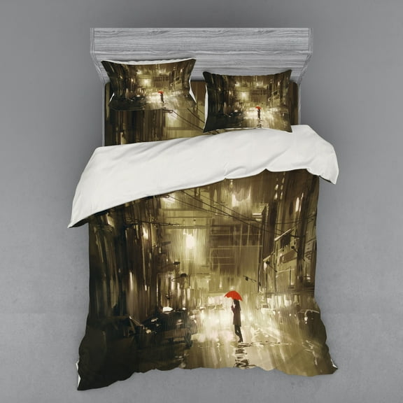 Ambesonne Urban Bedding Set 4 Pcs, Romantic View Rainy Day, Queen, Sepia
