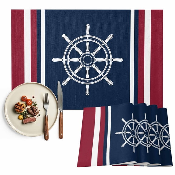 Nautical Coastal Rudder Placemats Set of 4, Navy Blue Red Stripes Table Mats Washable Heat-Insulation Non-Slip Place Mats for Kitchen Dinner Table Indoor Outdoor Decor,13x19 Inch