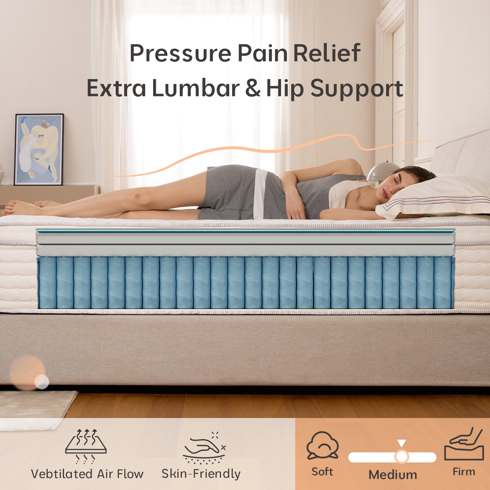Bedstory Somnix 14" Medium Firm King Mattress in a Box, Gel Memory Foam with Individually Wrapped Pocket Coils, 365 Night Trial