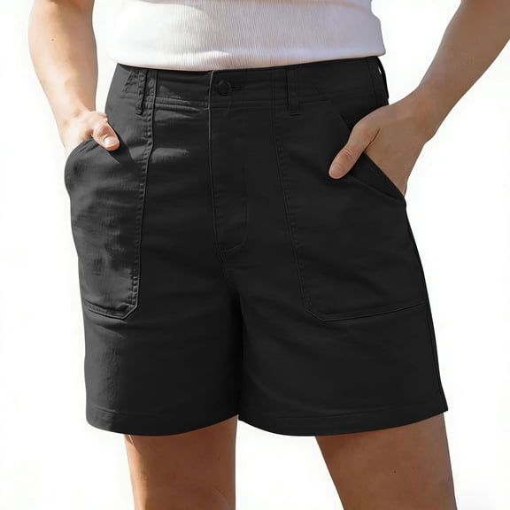 hoksml Women's Solid Color Utility Shorts with Pockets and Button Closure for Summer Casual and Everyday Wear