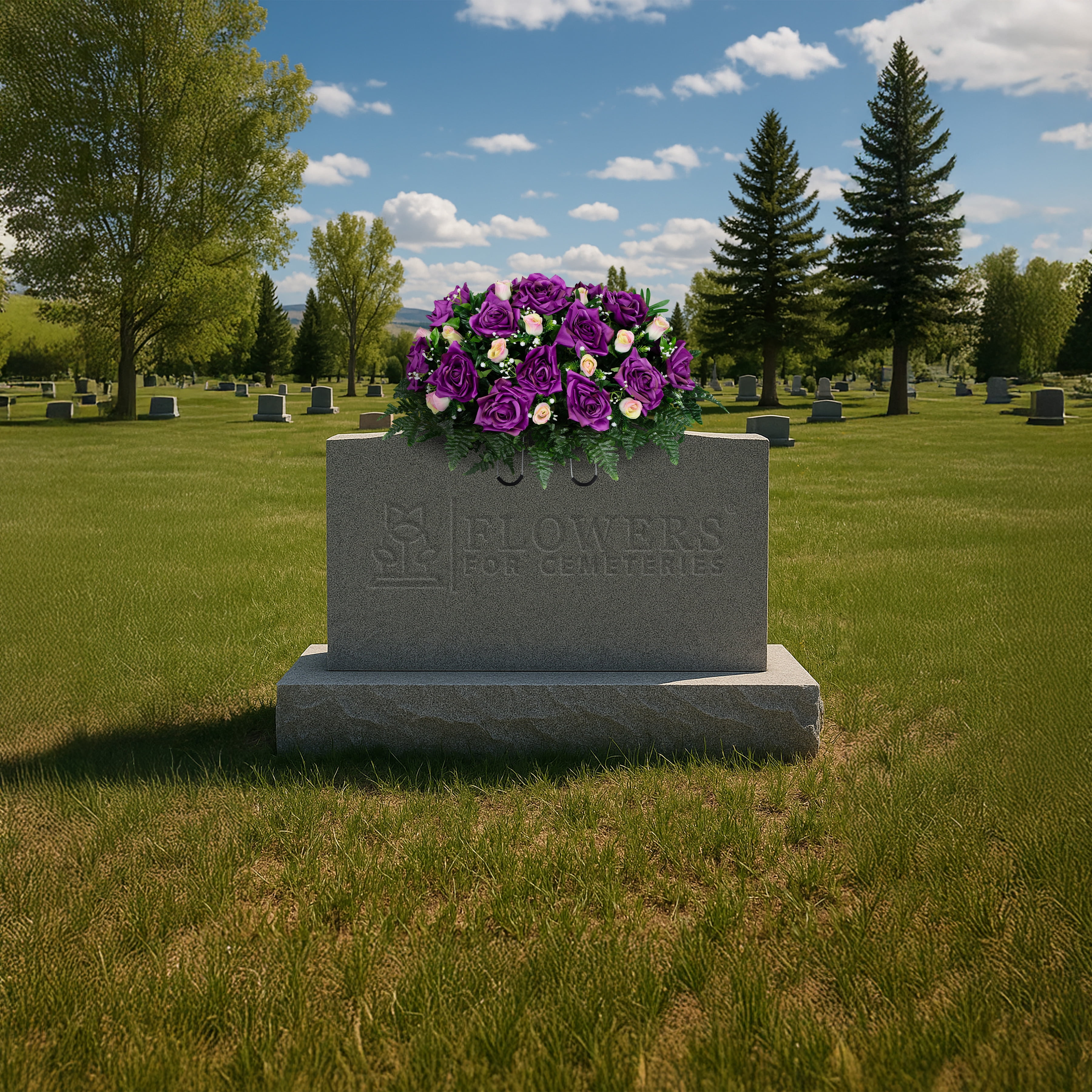 Sympathy Silks Artificial Cemetery Flowers - Purple Open Roses and Cream Pink Rose Buds - Outdoor Saddle for Headstone