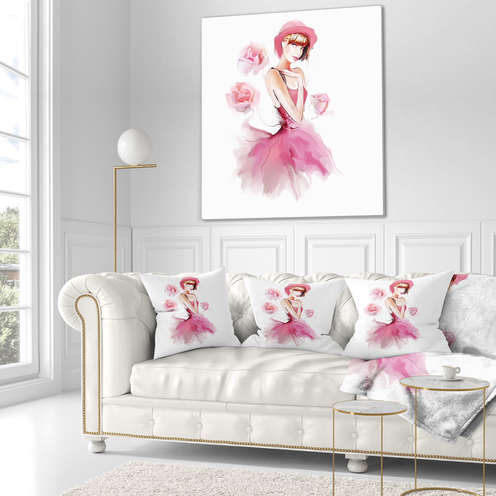 Designart Woman in Pink Dress and Hat - Digital Art Portrait Throw Pillow - 18x18