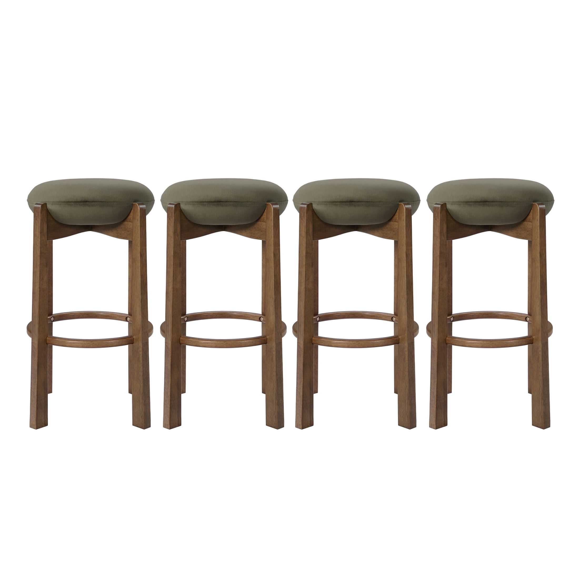 Christopher Knight Home 30" Round Upholstered Bar Stools, Wooden Frame, Dark Walnut + Green, Set of 4