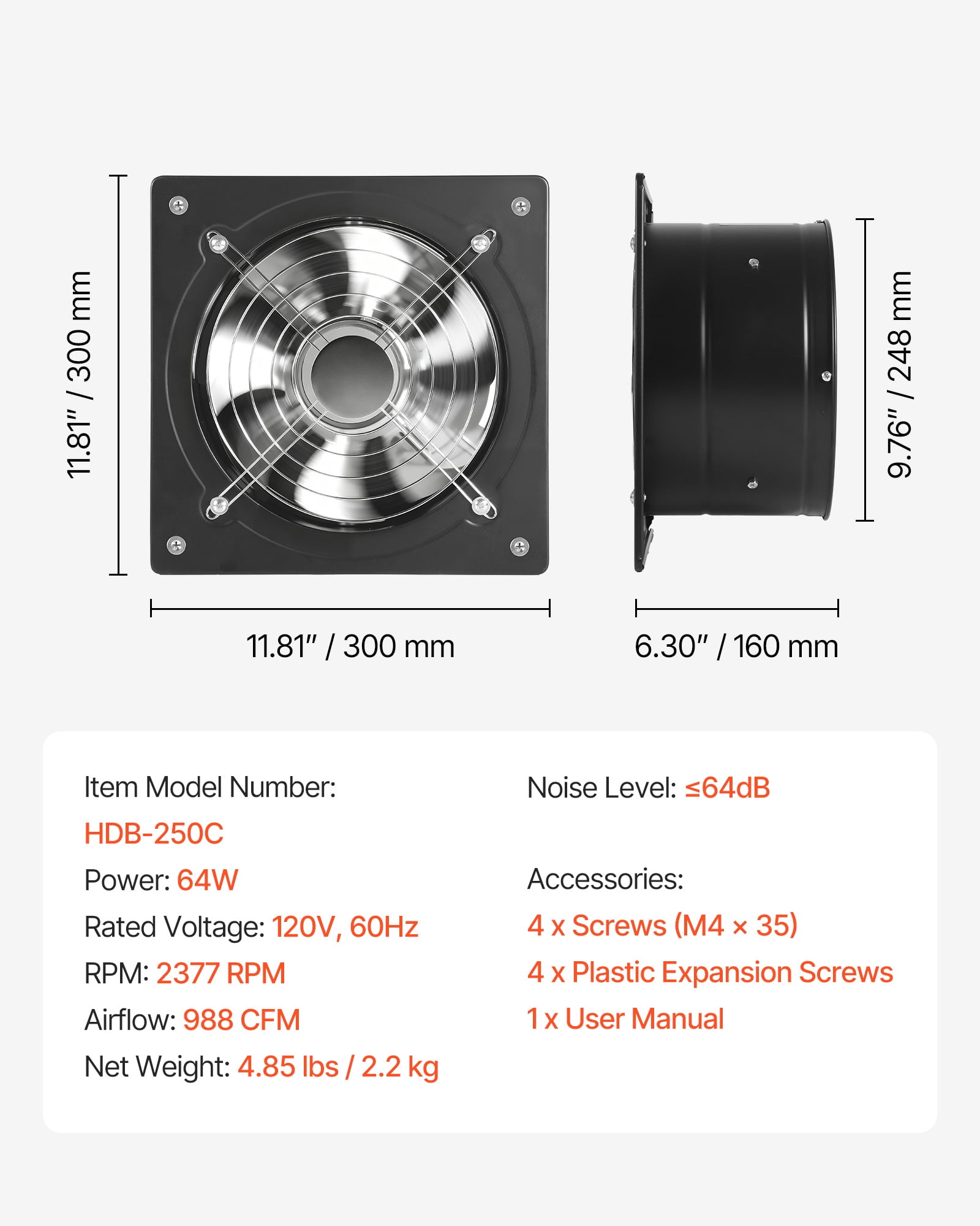VEVOR 10 Inch Exhaust Fan, 988 CFM High Velocity Wall Mount Vent Fan with On/Off Control, Low Consumption, Portable Ventilation Extractor for Attic,Garage,Basement,Workshop,Kitchen,Chicken Coop,Black