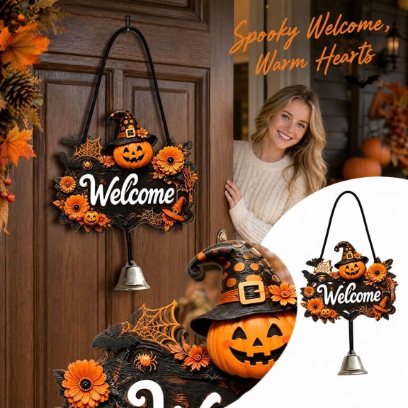 Halloween Front Door Decor 12 Inch Wooden Welcome Sign for Front Porch Spooky Halloween Decorations for Indoor and Outdoor Fall Home Display, 1 Pack