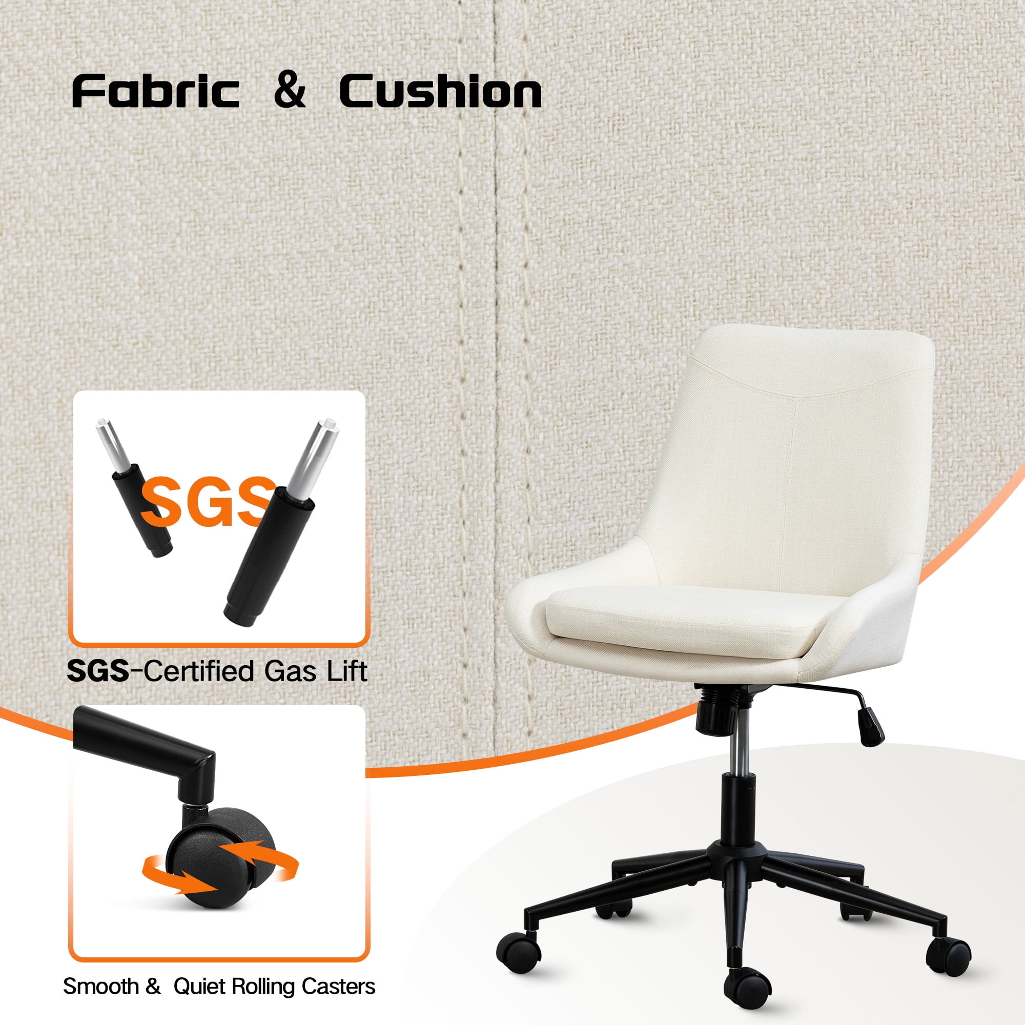 Armless Desk Chair with Wheels, Adjustable Swivel Fabric Makeup Chair, Comfortable Home Office Task Computer Chair, Beige