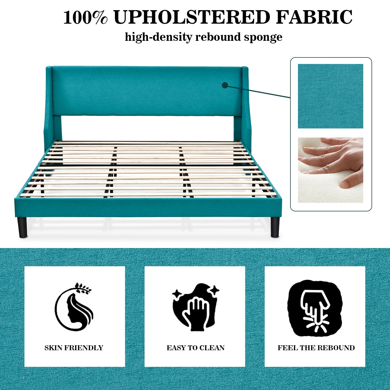 Allewie King Size Fabric Upholstered Platform Bed Frame with Wingback Headboard, Jade Green