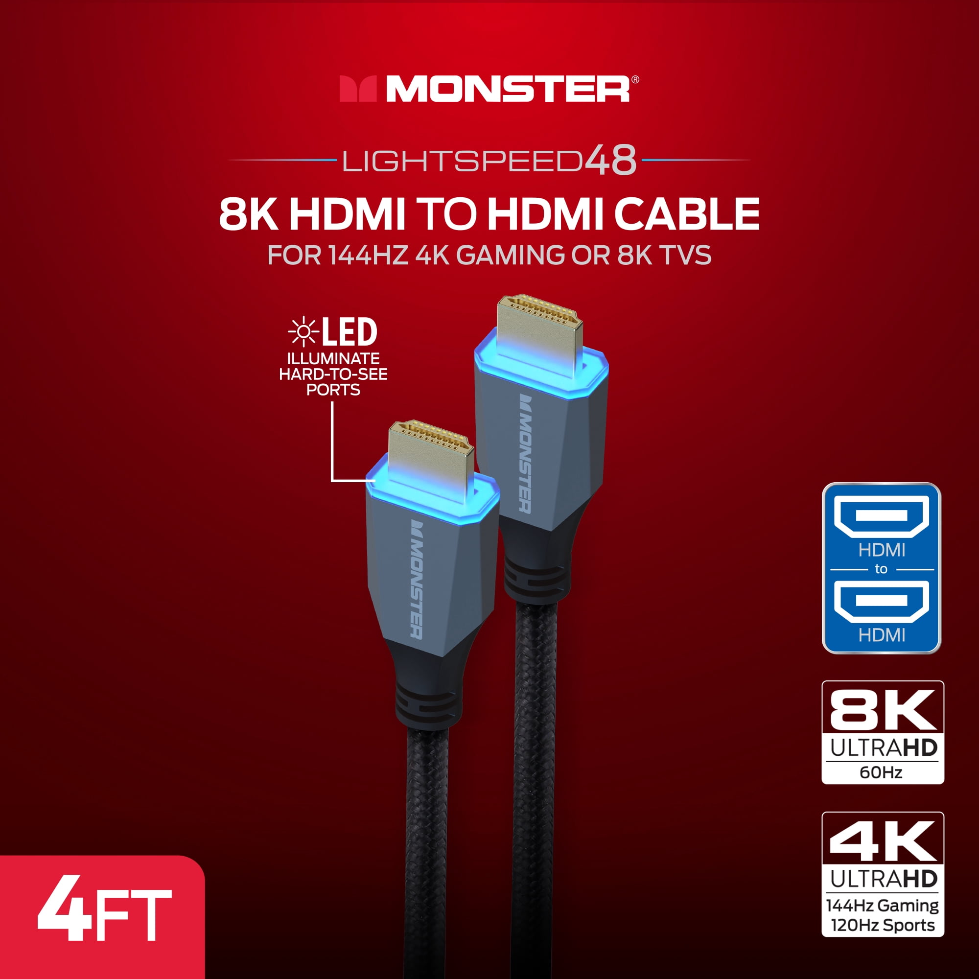 Monster 8K HDMI Cable 4ft, Ultra High Speed HDMI 2.1 Cord with LED Connectors, 48Gbps, 4K 144Hz Gaming, HDR for PS5, Xbox, TV, Monitor