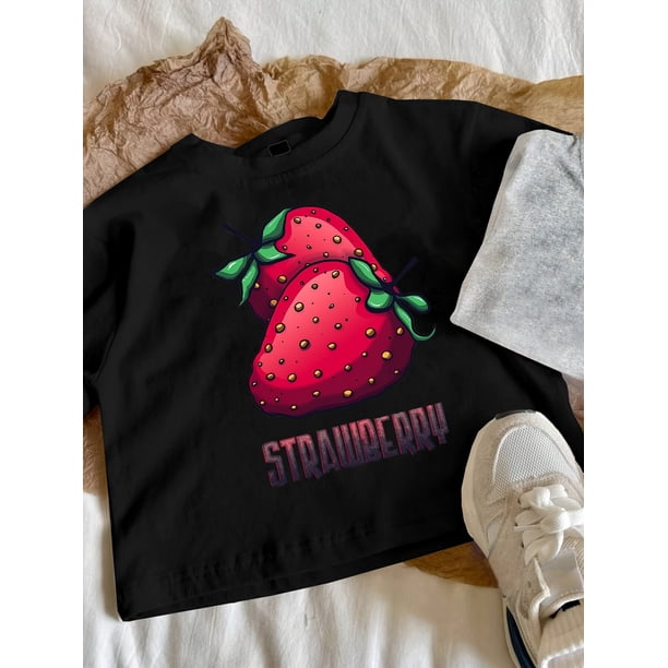 Girls' Slim-Fit Strawberry Graphic Tee - Vibrant Red & Pink Strawberry Print, Casual Crew Neck Short Sleeve T-Shirt, Lightweight Polyester Blend, Perfect for Summer Outfits & Vacation Style, Vacation