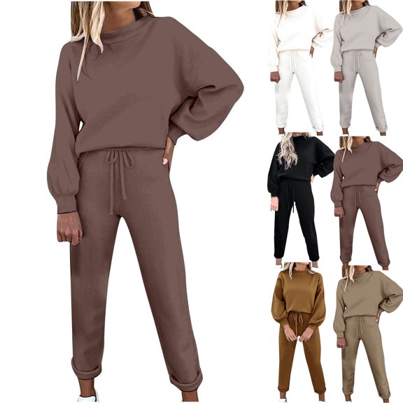 Sweat Outfits for Women 2 Piece Tracksuit Crew Neck Sweatshirt Jogger Pants Set Drawstring Casual Loungewear Streetwear Outfit Brown M