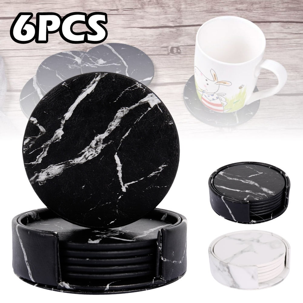 6pcs Marble Heat Insulation Drink Coasters w// Holder Cup Mat Costers Tableware