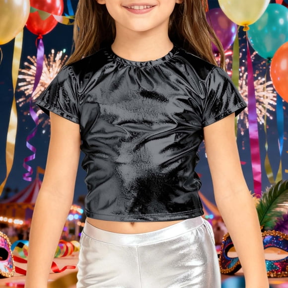 T-shirt à Manches Courtes Extensible Brillant de Performance pour Filles Garçons Jeunes Chorale Tenue de Scène Coupe Confortable Haut Uni