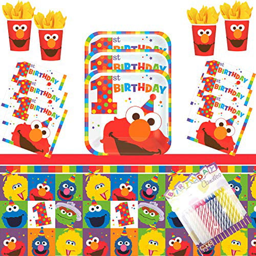 Lobyn Value Pack Sesame Streets Elmo Fun To Be One 1st Party Birthday Plates and Napkins Serves 16 With Candles