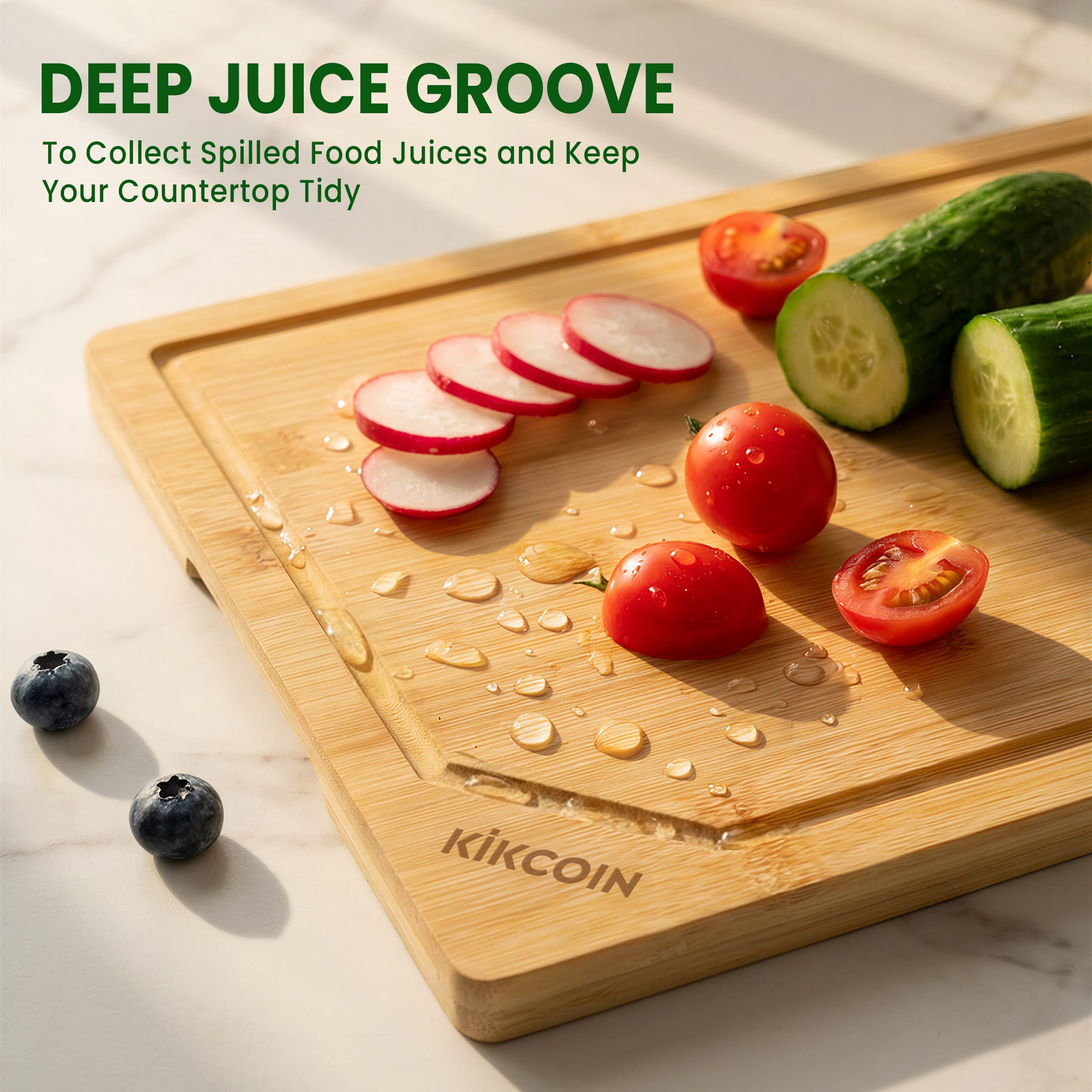 Kikcoin Bamboo Cutting Boards for Kitchen, with Deep Juice Groove and Inner Handle, 17.1" x 11.4"