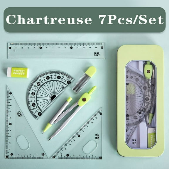 7PCS/Set Ruler Set Multi-Function Stationery Math Learn Office Measuring Ruler Drawing Tools Ruler Compasses Set Eraser CHARTREUSE