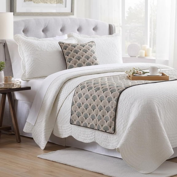 King Queen Twin Blue & Grey Designer King 90"x18" Bed Runner With Pillow Cover, Floral Embroidery Bed Scarf on Cotton fabric - Flourish Bloom