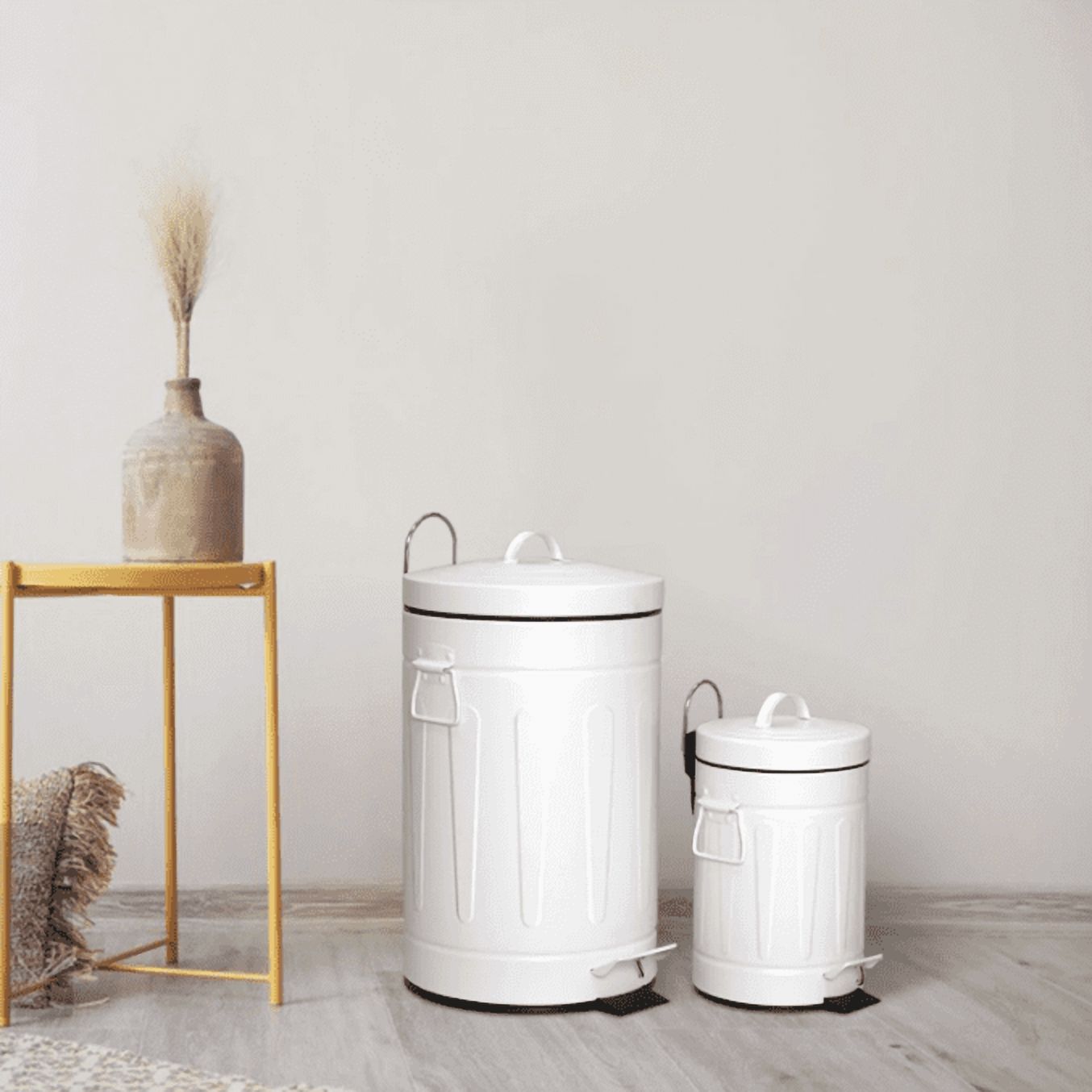 Innovaze 3.2 Gallon and 0.8 Gallon Round Bathroom and Office Carbon Steel Step Trash Can Set,White