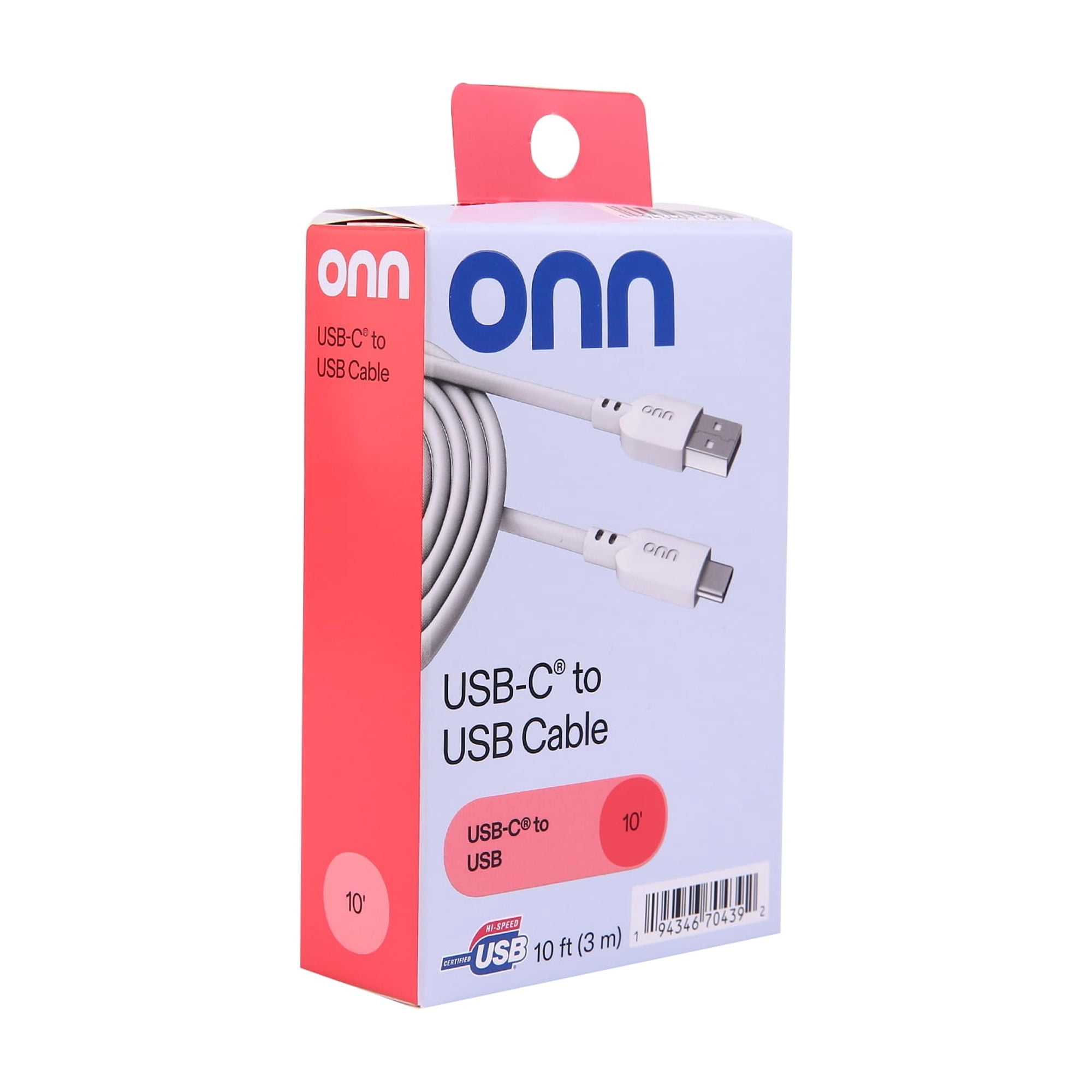 onn 10-Foot USB-C to USB-A Cable, White