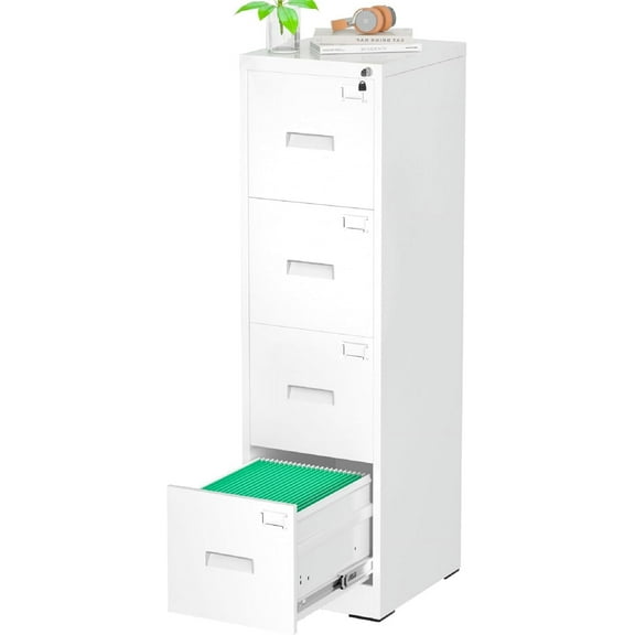 Metal 4 Drawer File Cabinet, Vertical File Cabinet with Lock, Locking Filing Cabinets for Home Office, Letter/Legal/A4/F4 Size/Anti-Tip (White)