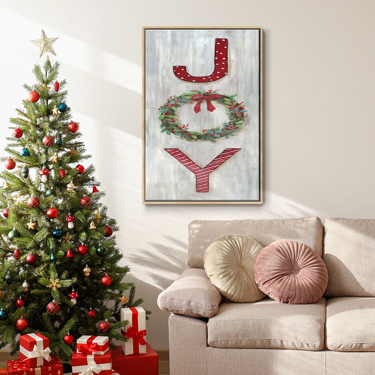 Joy - Framed Gallery Wrapped Holiday Canvas - 25 x 37 - Natural Wood Frame