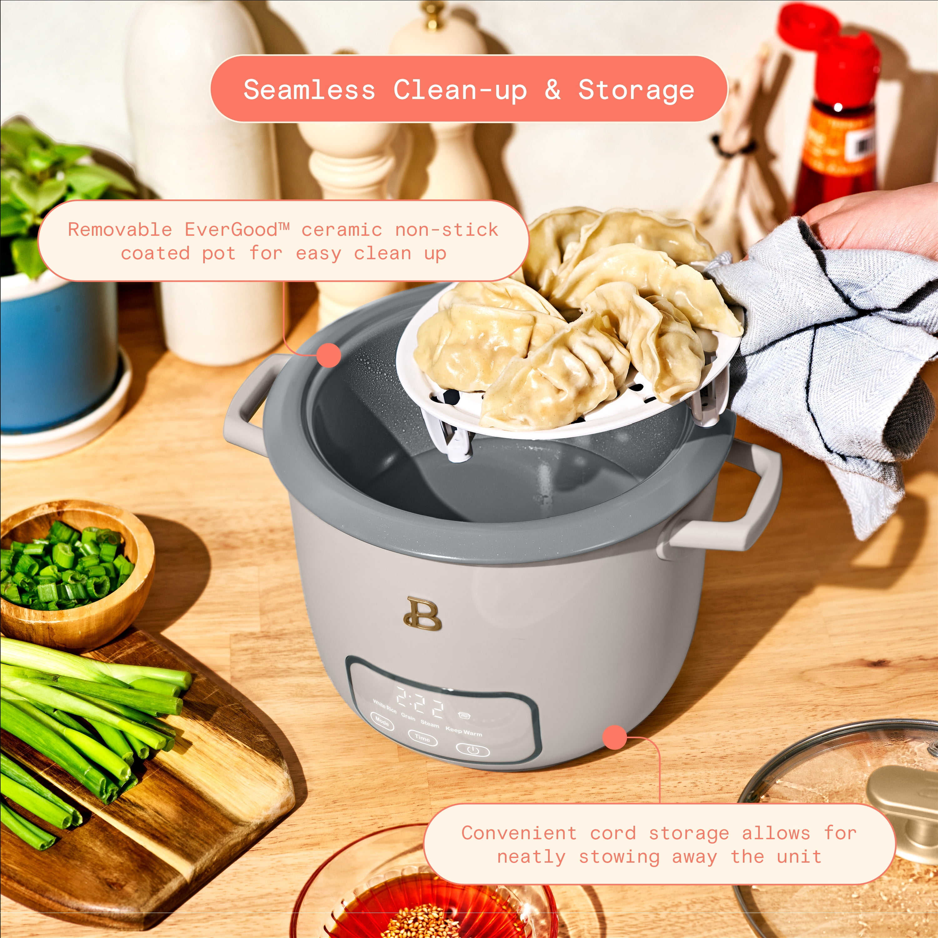 Beautiful 6-Cup Cooked, 3-Cup Uncooked Digital Electric Rice and Grain Cooker with Glass Lid, Porcini Taupe by Drew Barrymore