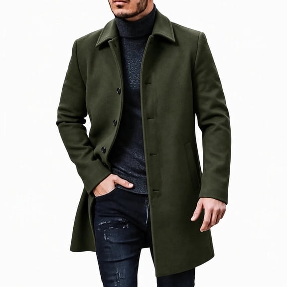 WIZUTIZ Men's Wool Blend Button Up Overcoat Lapel Collar Fall Winter Warm Mid Length Long Coat