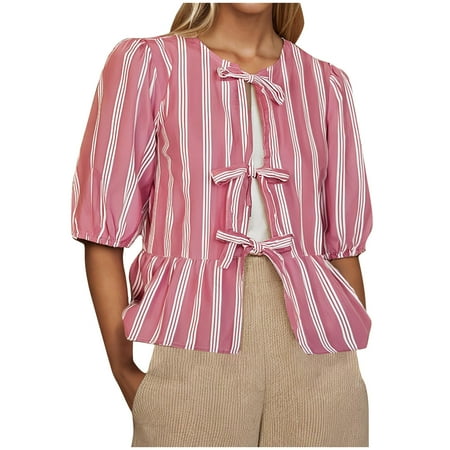 RYDCOT Spring Tops for Women 2025 Trendy Women Peplum Shirt Puff Sleeve Tie Front Ruffle Hem Blouse Lace Up Babydoll Shirt Summer Outfits on Clearance Pink