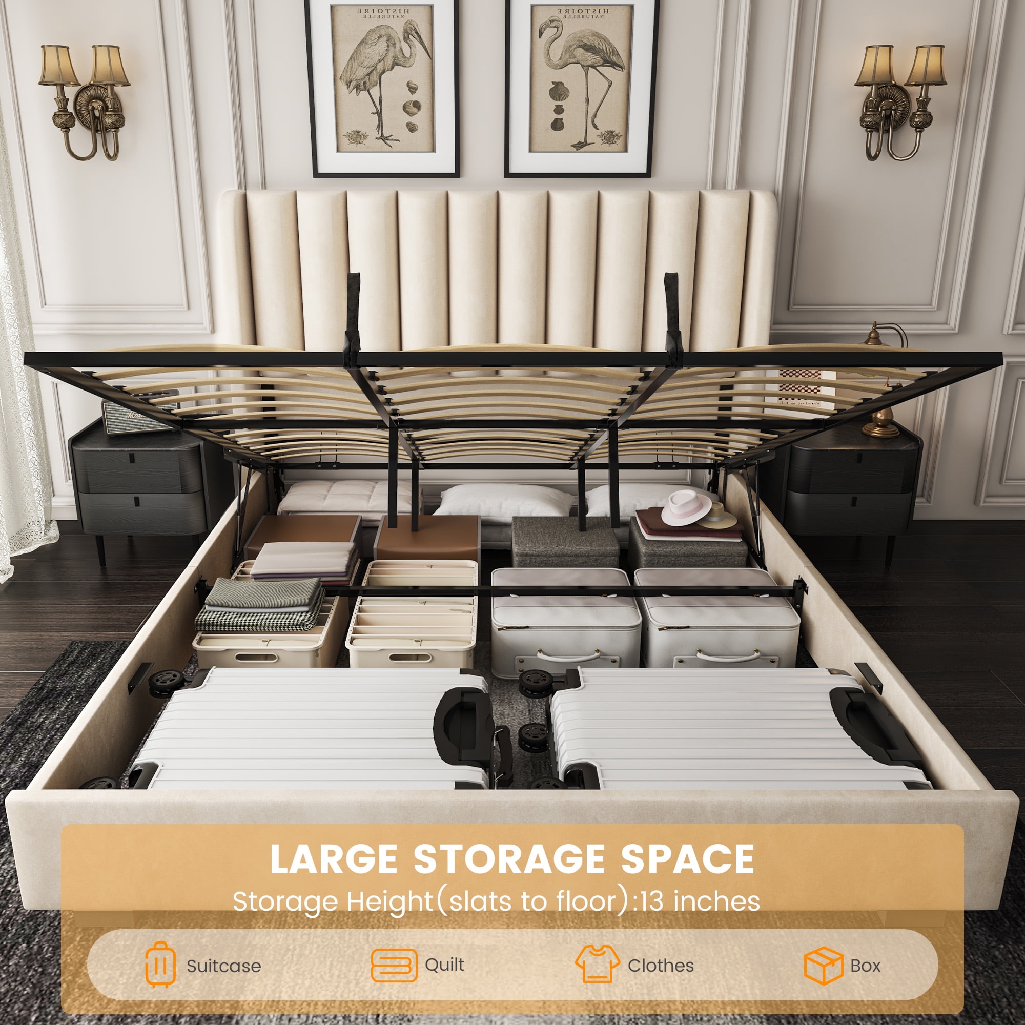 King Size Upholstered Lift Up Storage Bed Frame with 51" Tall Velvet Headboard, Wingback Platform Bed, Hydraulic Storage Base, No Box Spring Required, Noise-Free Double Low Profile Bed (King, Beige)