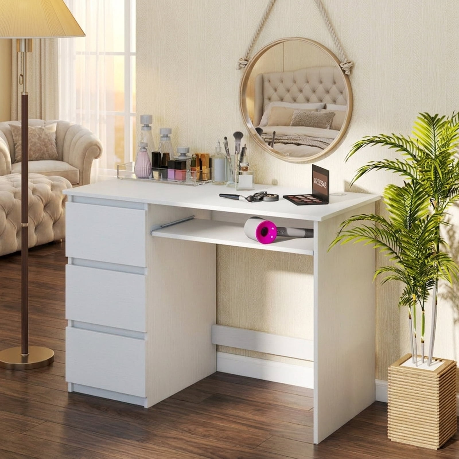 Furnibear Computer Desk with Power Outlet Keyboard Tray and 3 Large Drawers, White
