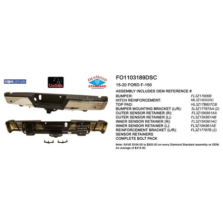 REAR STEP BUMPER ASSEMBLY; CHROME; WITH PARK ASSIST SENSOR HOLES; WITH BASE TOW; INCLUDES BOTH BUMPER ENDS/BASE TOW HITCH WITH BOTH