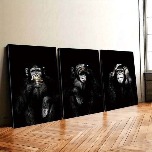 Framed set of 3 vintage black and white monkey canvas art prints, waterproof modern wall decor, suitable for living room, bedroom, office, and caf wall decoration.