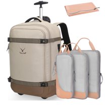 Hynes Eagle 22-inch Rolling Backpack Convertible Carry On Luggage with 4-Piece Packing Cubes, Khaki & Pink