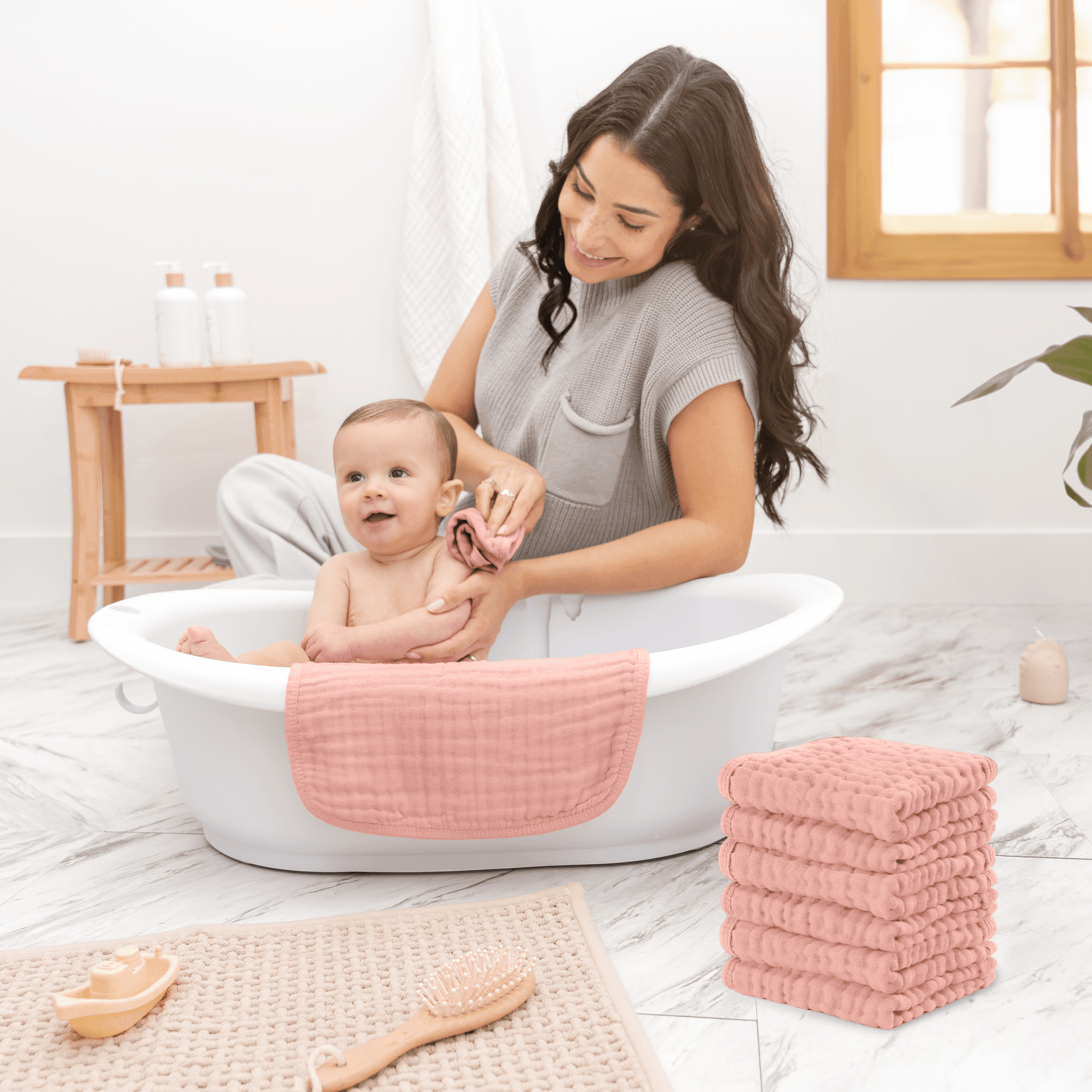 Comfy Cubs Baby Washcloths, Muslin Cotton Baby Towels, Large 10”x10” Wash Cloths (Bold Blush, Pack of 6)