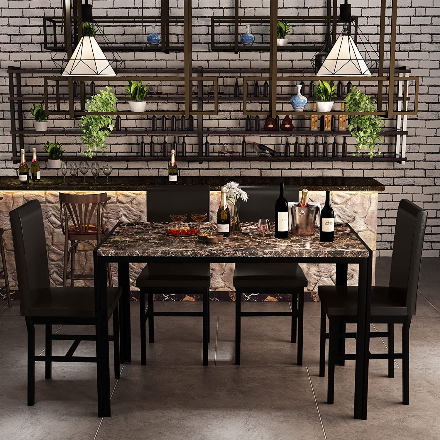 Recaceik Piece Faux Marble Dining Table Set, PU Leather Chairs