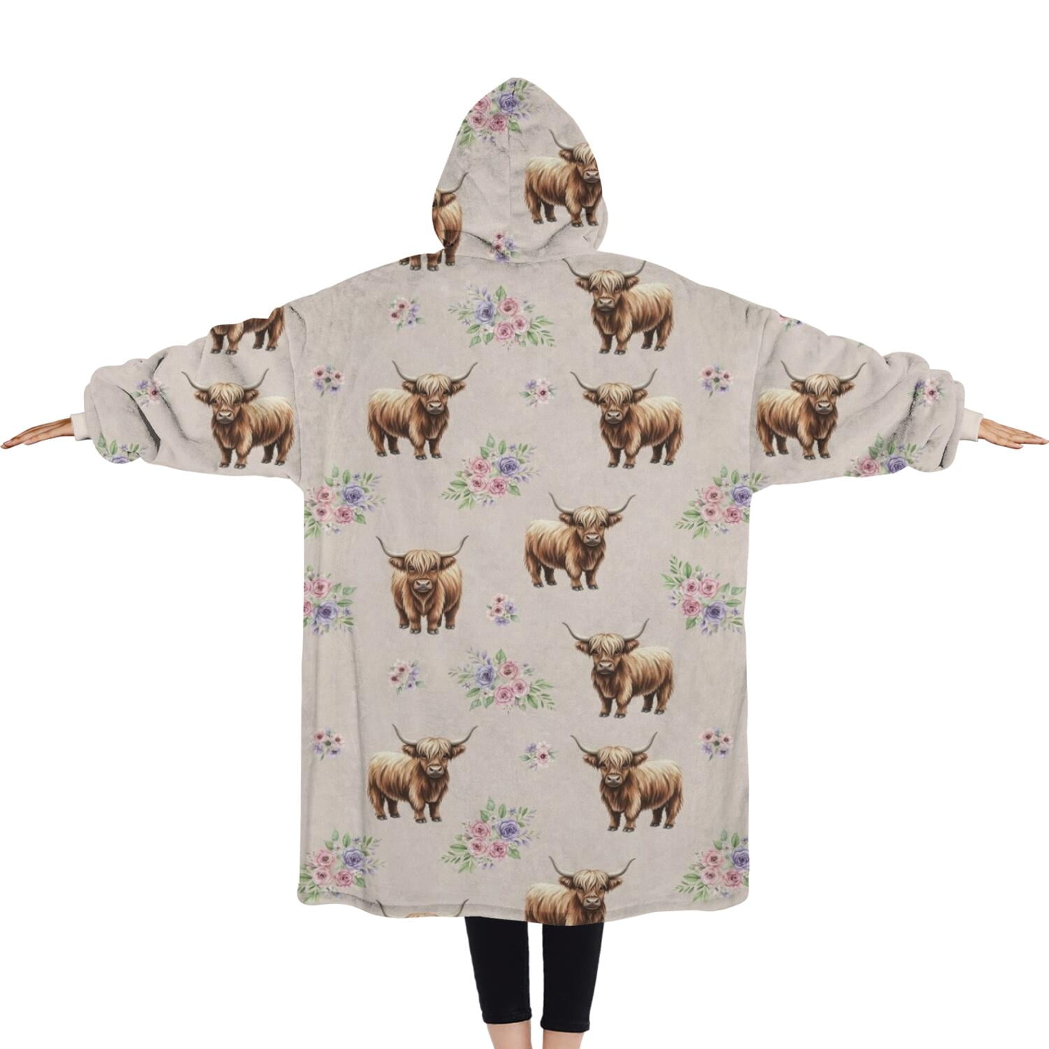 Oversized Wearable Blanket Hoodie,Beige Highland Cow Flower Pattern Sherpa Blanket Hoodie with Super Pockets,Super Warm Fuzzy Pullover for Women & Men