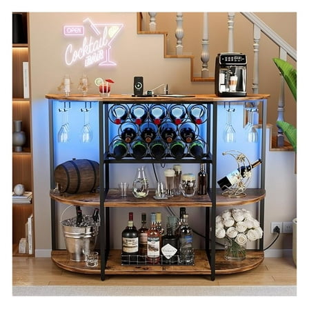 WDZS Wine Bar Cabinet with LED Lights and Power Outlets, Freestanding Liquor Bar Cabinet Table with Glass Holder Wine Rack Table Mini Bar for Home Kitchen Dining Room