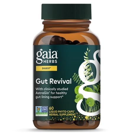 Gaia Herbs Gut Revival - Herbal Supplement to Support Healthy Gut Lining* - Made with AstraGin, Gotu Kola, Jujube & More - Free from Dairy, Soy & Gluten - 60 Vegan Liquid Phyto-Caps (60 Servings)