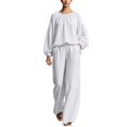 thumbnail image 2 of Mifsaly 2 Piece Linen Set for Women Crewneck Balloon Sleeve Tops and Lounge Trousers Trendy Going Out Travel Airport Vacation Matching Outfits, 2 of 6